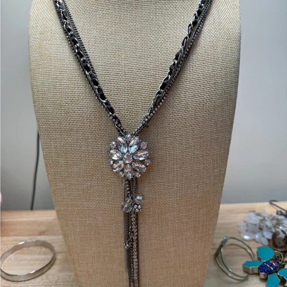 Betsey Johnson Silver and Black Crystal Necklace with Tassel - Picture 3 of 11